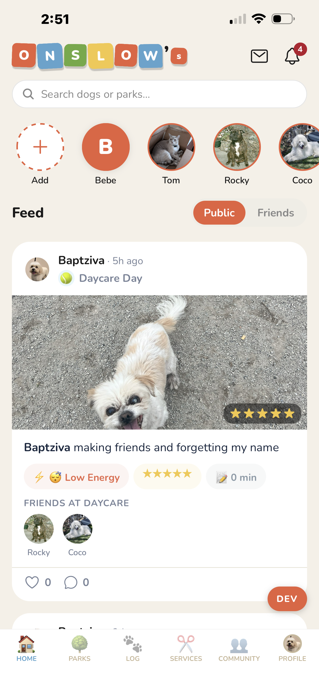 Onslow's app home feed